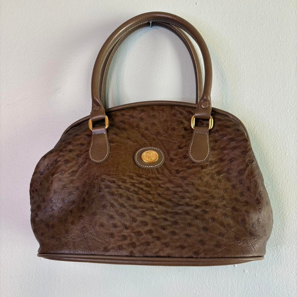 Vintage Carryland Brown Faux Ostrich Handbag Structured Top Handle Purse Y2K